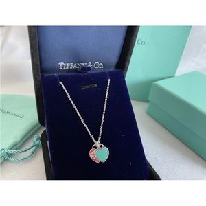 Tiffany & Co. Return to Double Heart Blue Enamel Necklace 16" Silver 925